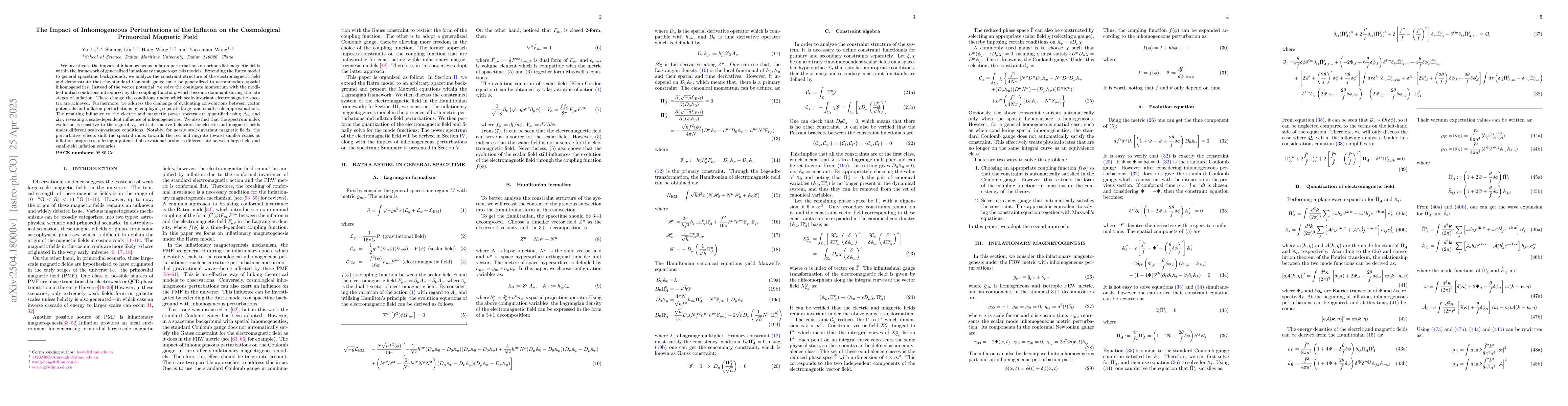 Thumbnail for The Impact of Inhomogeneous Perturbations of the Inflaton on the
  Cosmological Primordial Magnetic Field