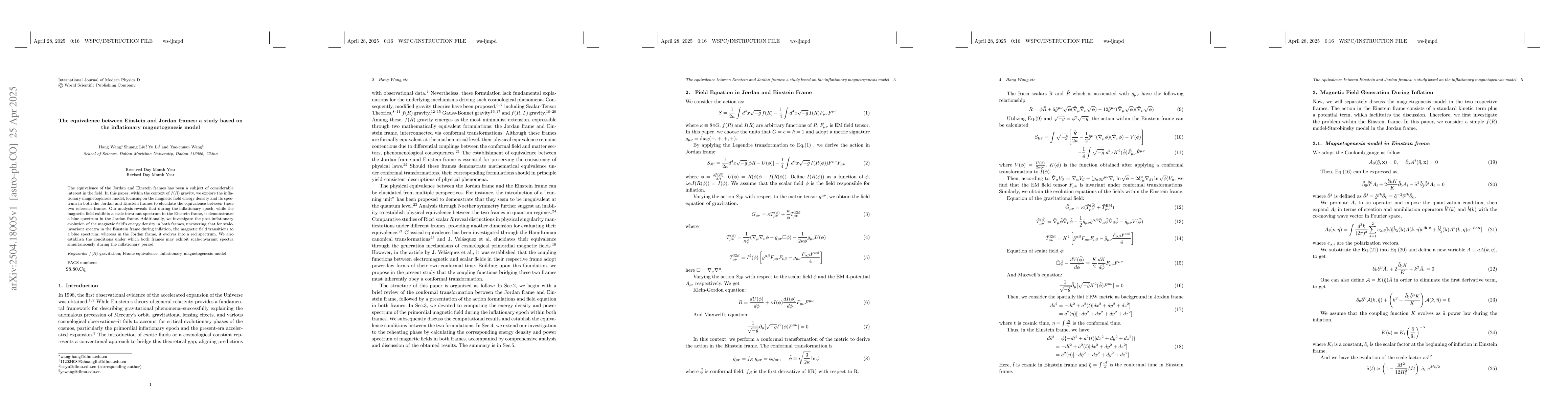 Thumbnail for The equivalence between Einstein and Jordan frames: a study based on the
  inflationary magnetogenesis model