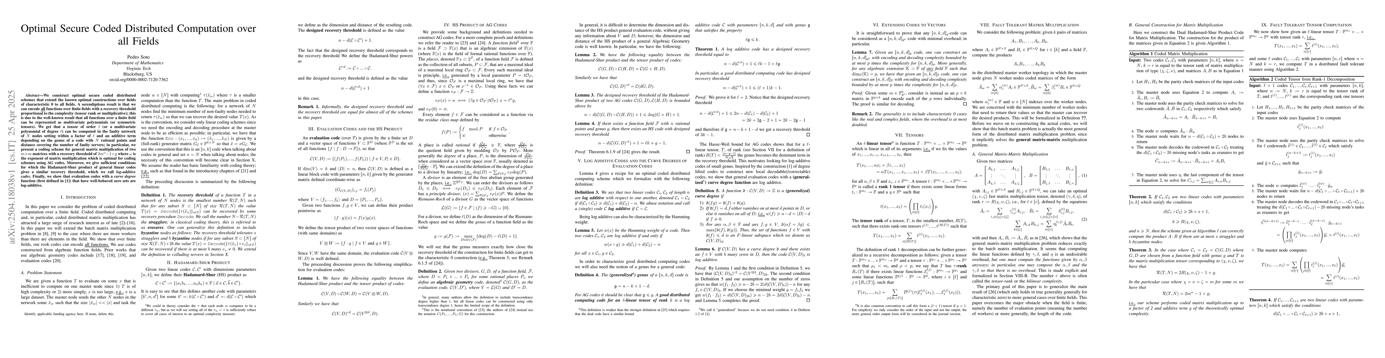 Thumbnail for Optimal Secure Coded Distributed Computation over all Fields