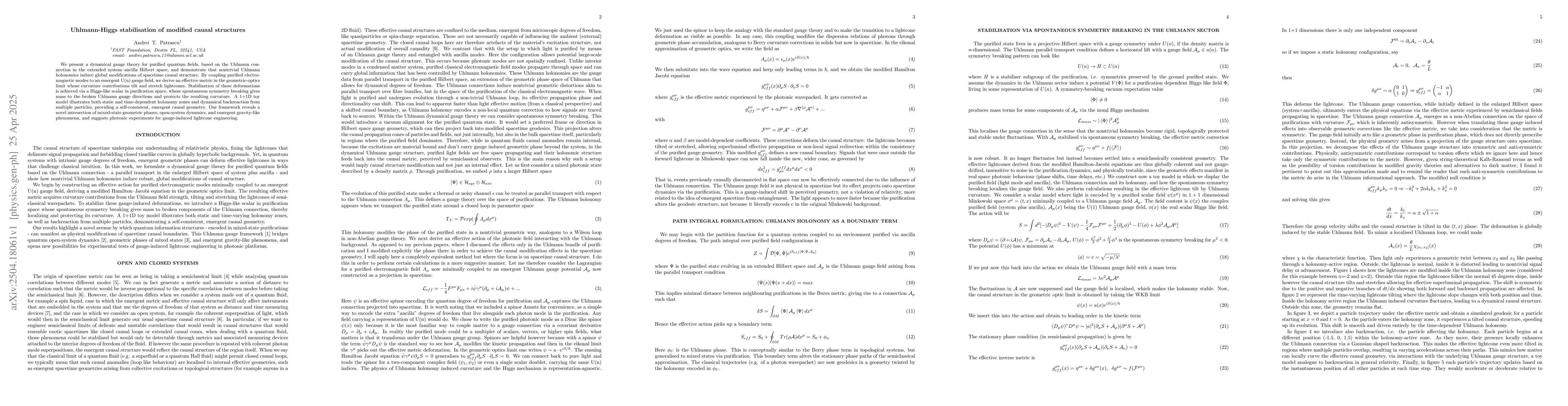 Thumbnail for Uhlmann-Higgs stabilisation of modified causal structures