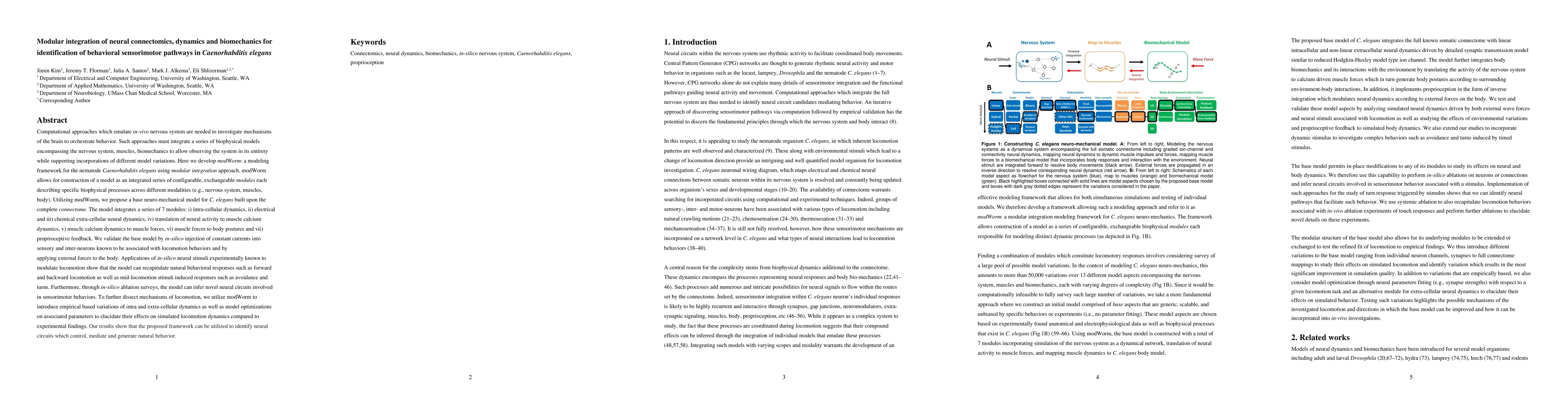 Thumbnail for Modular integration of neural connectomics, dynamics and biomechanics
  for identification of behavioral sensorimotor pathways in Caenorhabditis
  elegans