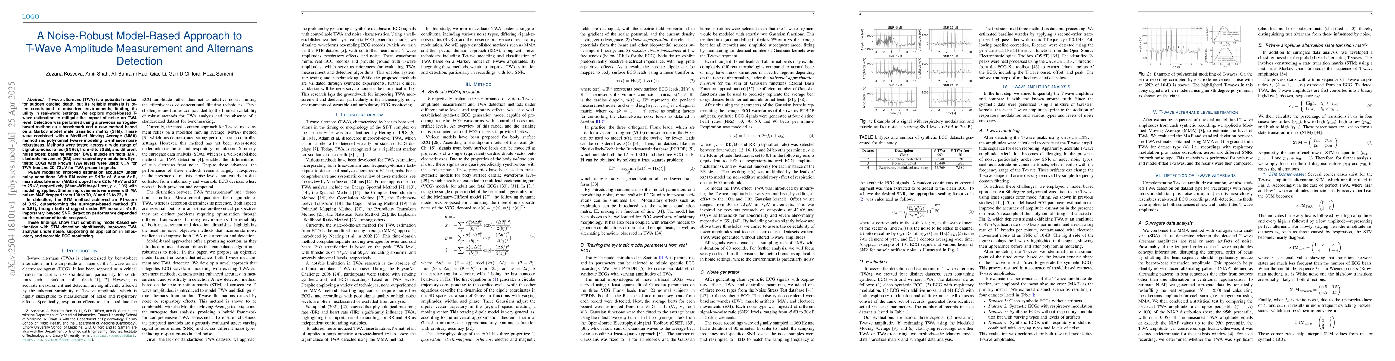 Thumbnail for A Noise-Robust Model-Based Approach to T-Wave Amplitude Measurement and
  Alternans Detection