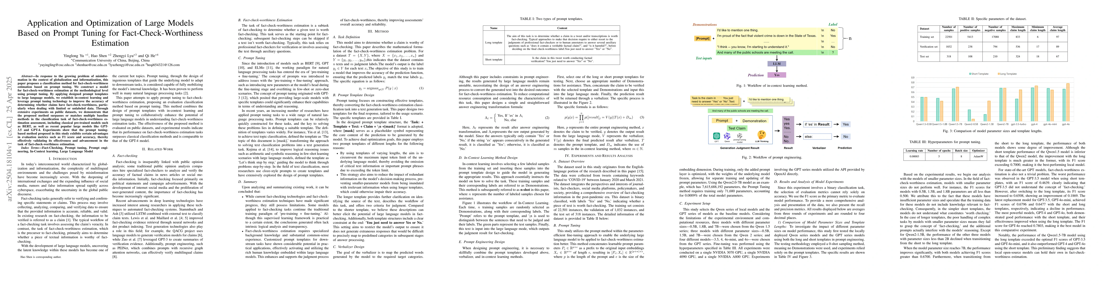 Thumbnail for Application and Optimization of Large Models Based on Prompt Tuning for
  Fact-Check-Worthiness Estimation