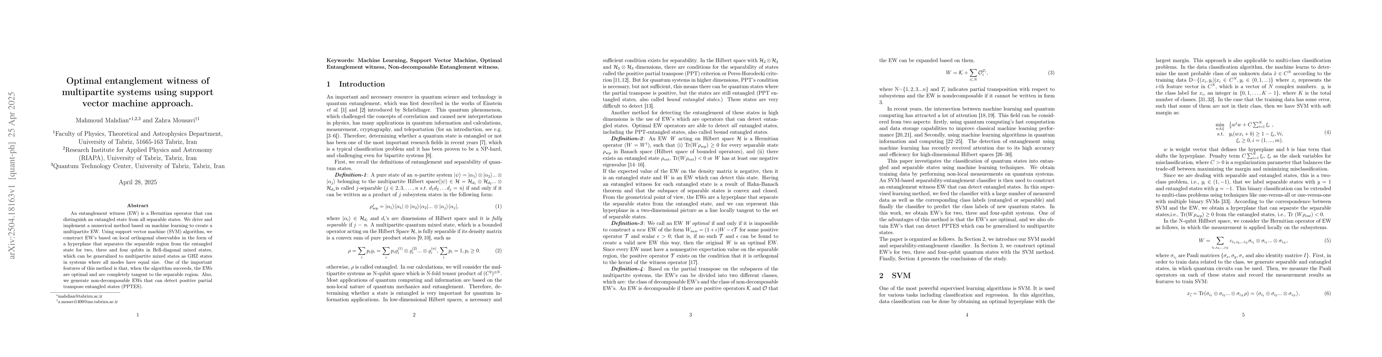 Thumbnail for Optimal entanglement witness of multipartite systems using support
  vector machine approach