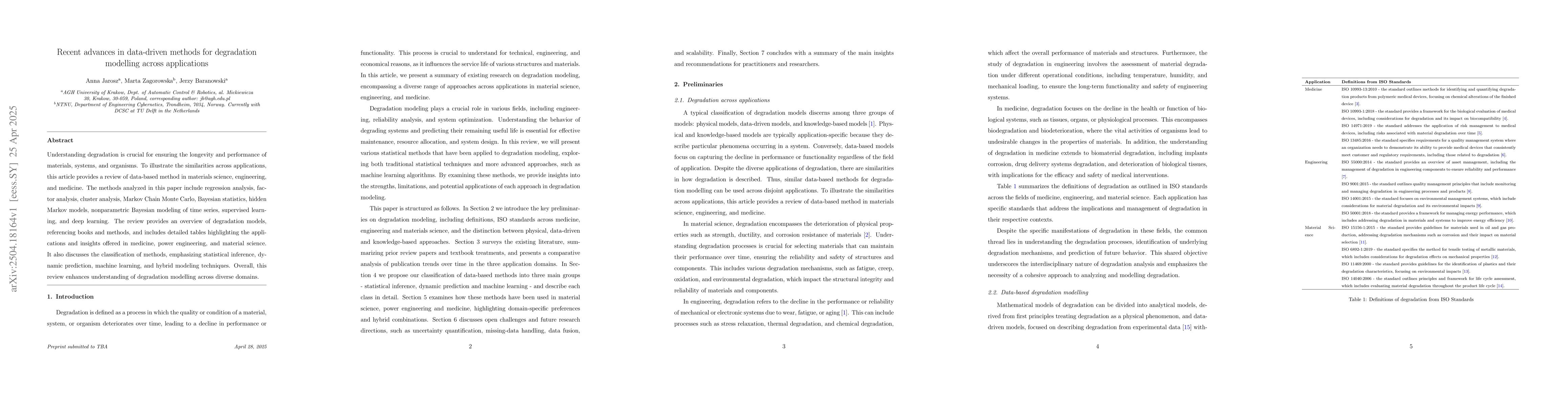 Thumbnail for Recent advances in data-driven methods for degradation modelling across
  applications