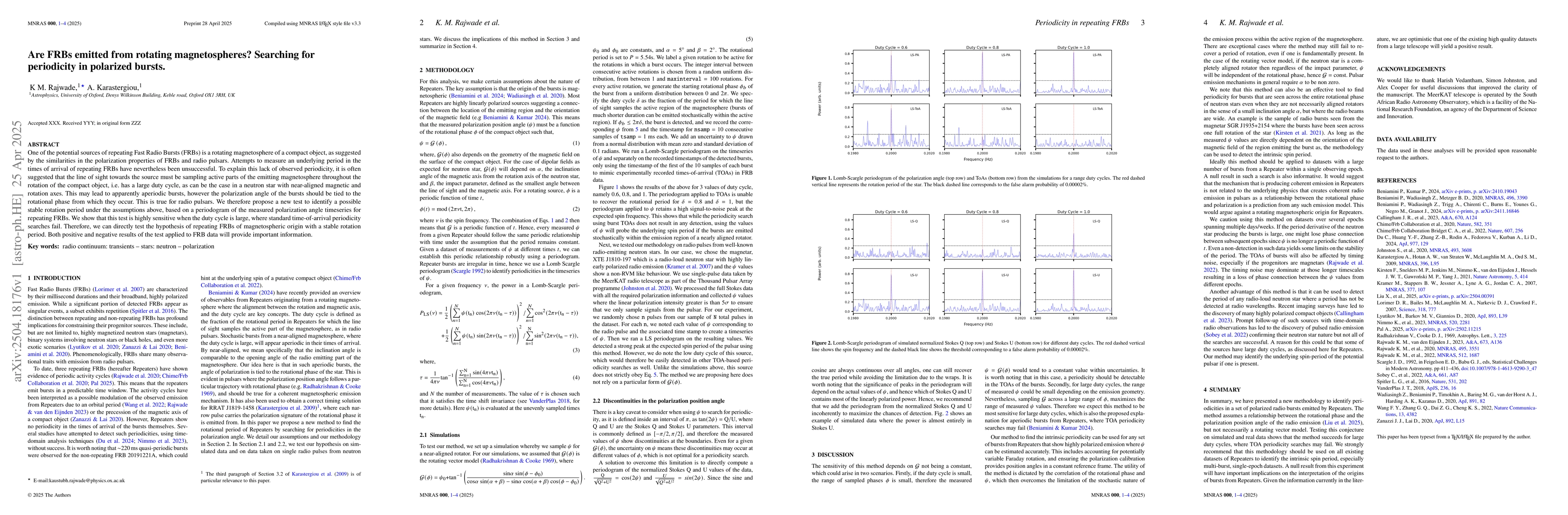 Thumbnail for Are FRBs emitted from rotating magnetospheres? Searching for periodicity
  in polarized bursts