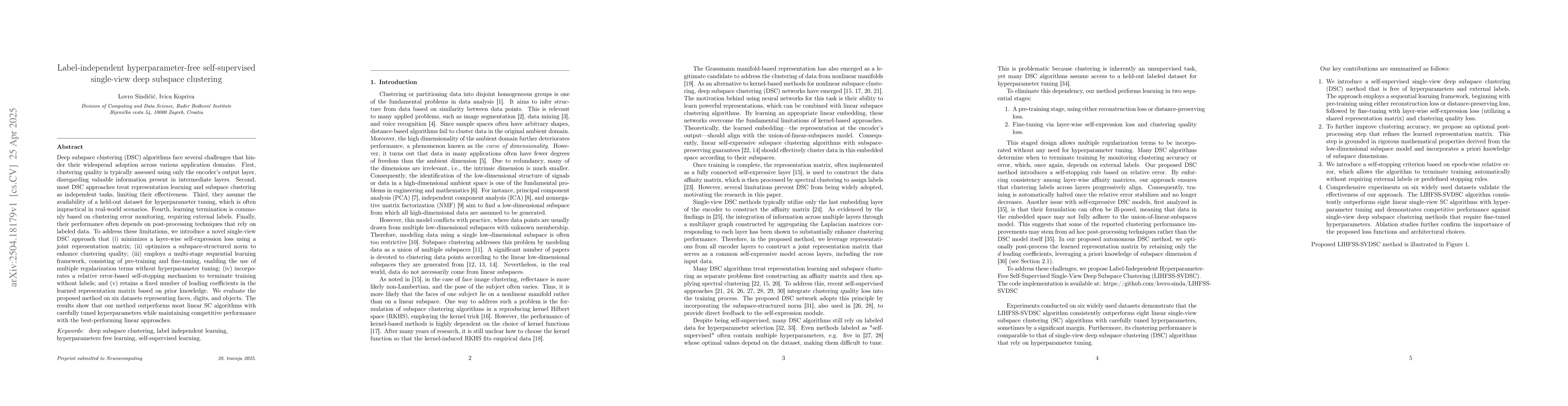 Thumbnail for Label-independent hyperparameter-free self-supervised single-view deep
  subspace clustering