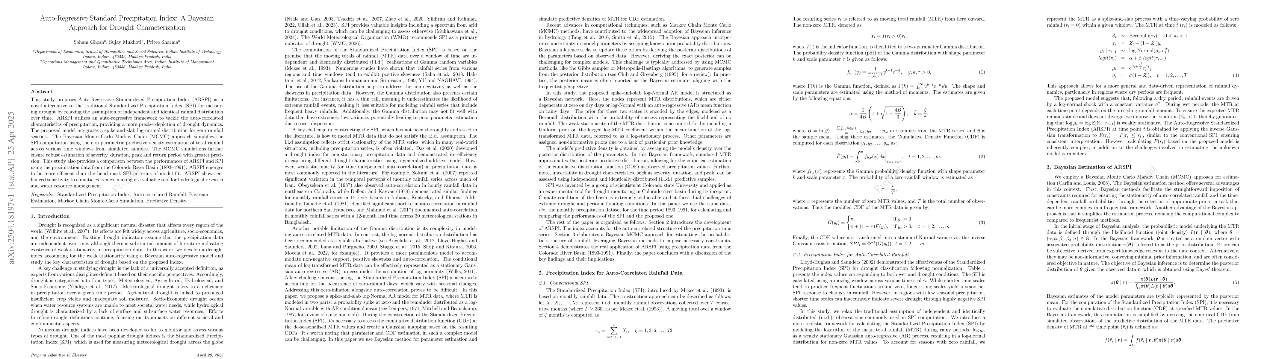 Thumbnail for Auto-Regressive Standard Precipitation Index: A Bayesian Approach for
  Drought Characterization
