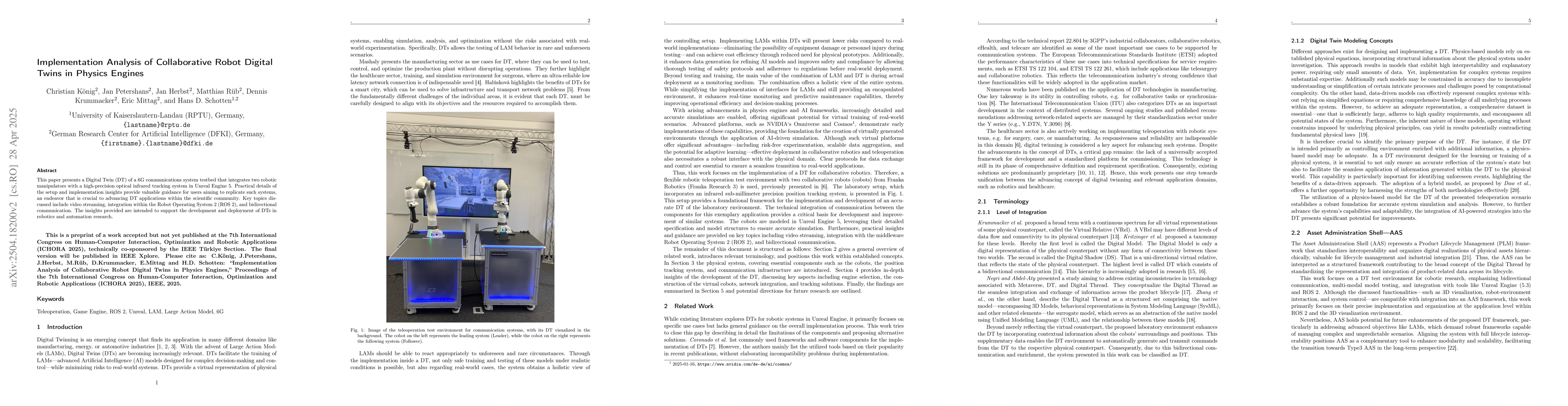Thumbnail for Implementation Analysis of Collaborative Robot Digital Twins in Physics
  Engines