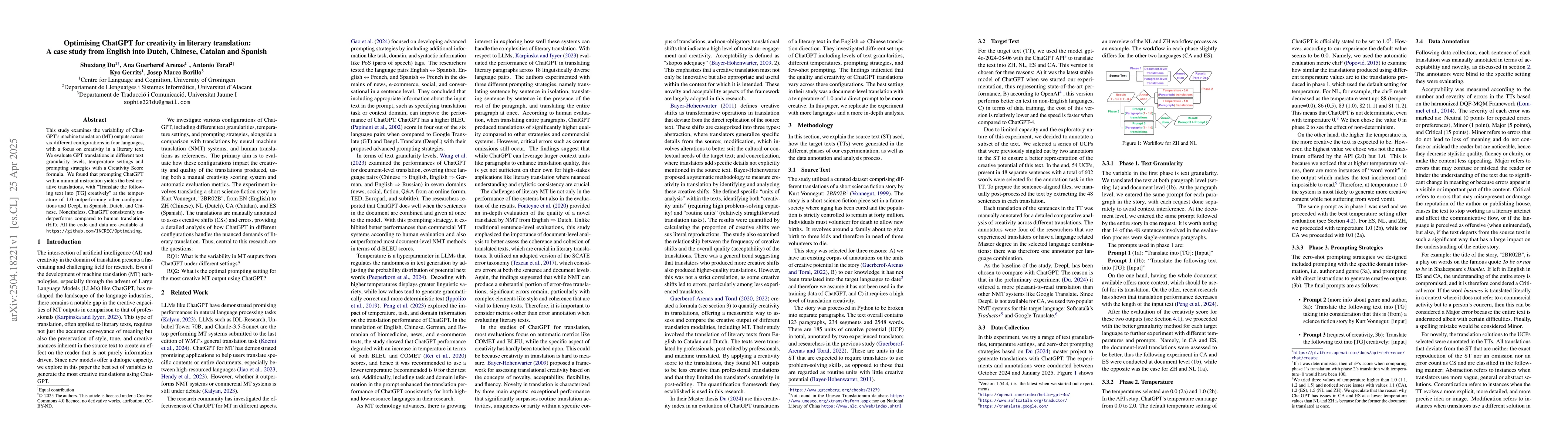 Thumbnail for Optimising ChatGPT for creativity in literary translation: A case study
  from English into Dutch, Chinese, Catalan and Spanish