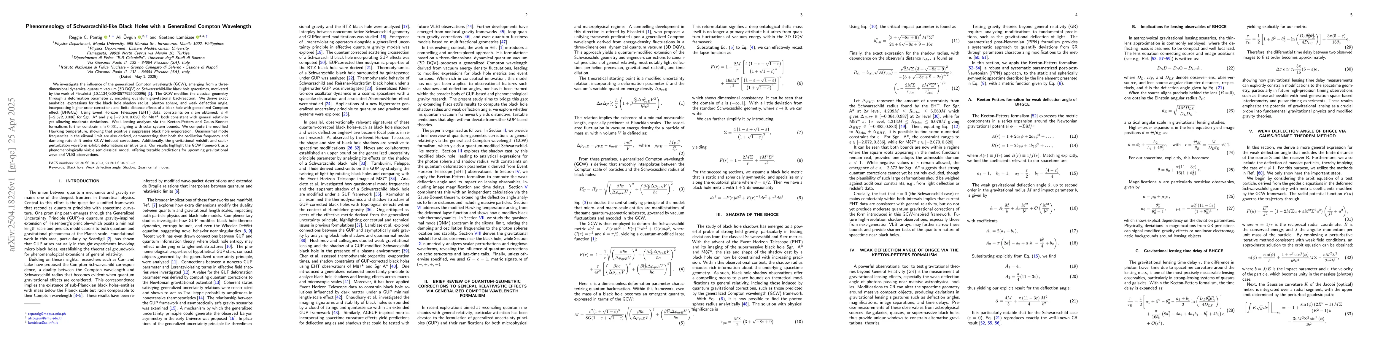 Thumbnail for Phenomenology of Schwarzschild-like Black Holes with a Generalized
  Compton Wavelength
