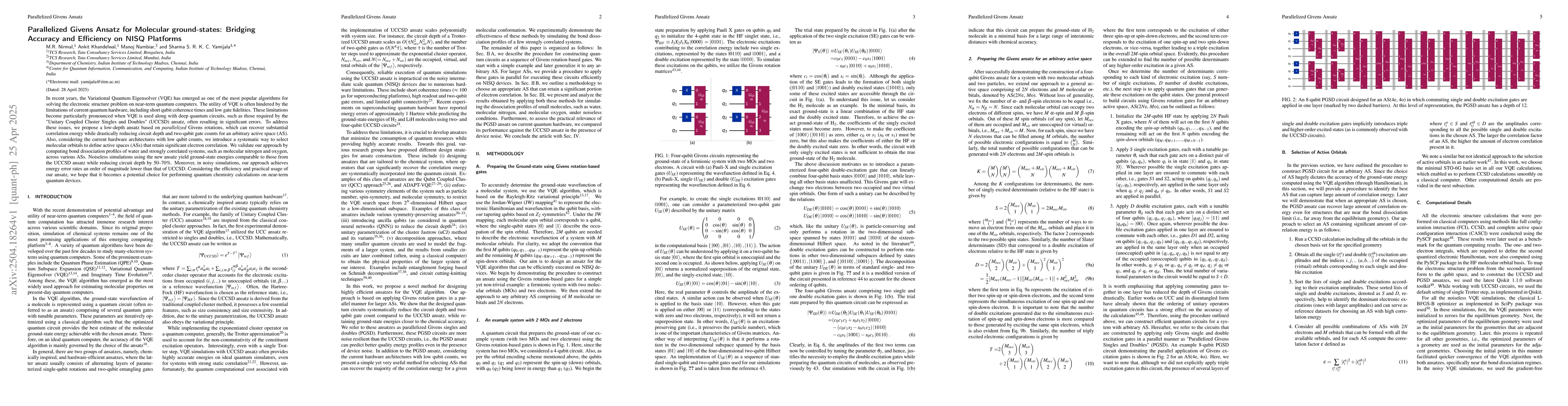 Thumbnail for Parallelized Givens Ansatz for Molecular ground-states: Bridging
  Accuracy and Efficiency on NISQ Platforms