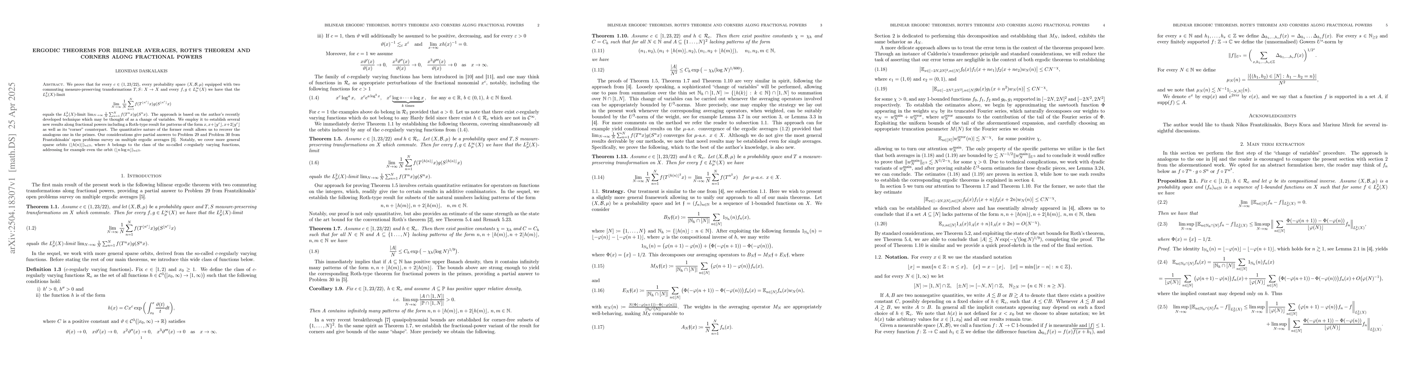 Thumbnail for Ergodic theorems for bilinear averages, Roth's Theorem and Corners along
  fractional powers