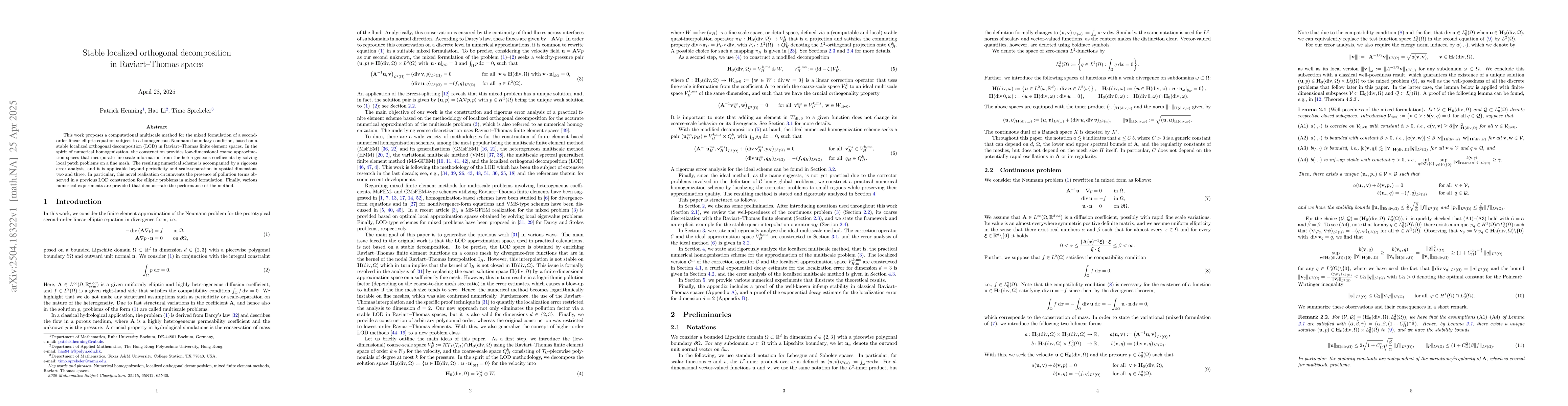 Thumbnail for Stable localized orthogonal decomposition in Raviart-Thomas spaces