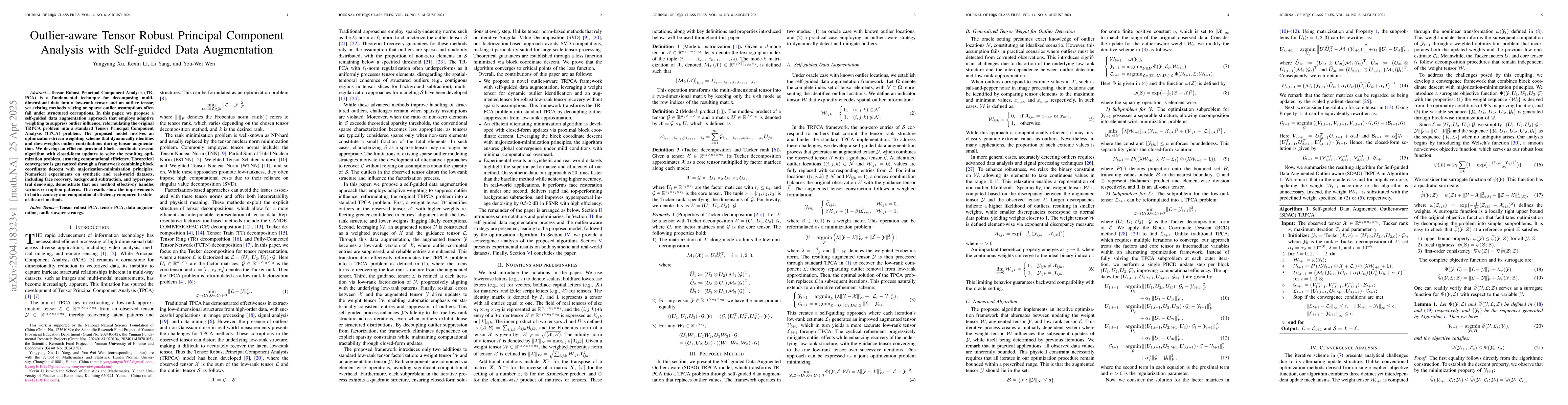 Thumbnail for Outlier-aware Tensor Robust Principal Component Analysis with
  Self-guided Data Augmentation