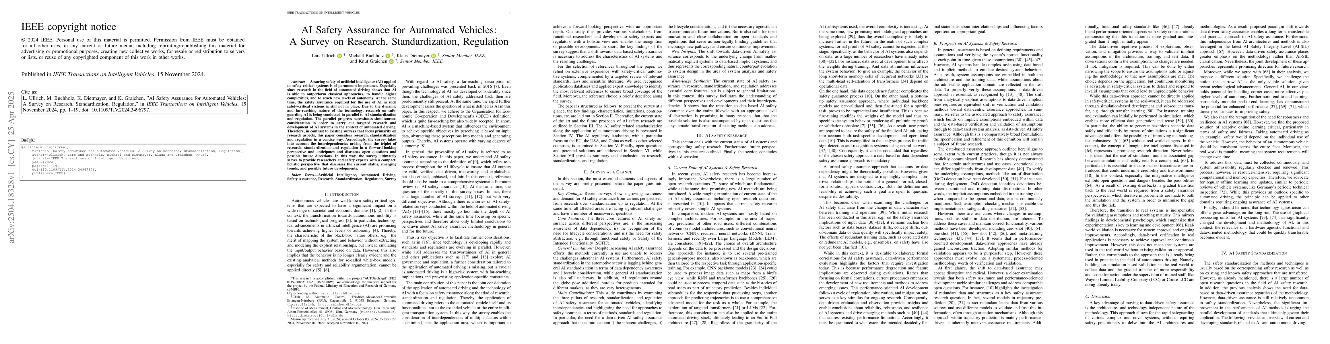 Thumbnail for AI Safety Assurance for Automated Vehicles: A Survey on Research,
  Standardization, Regulation
