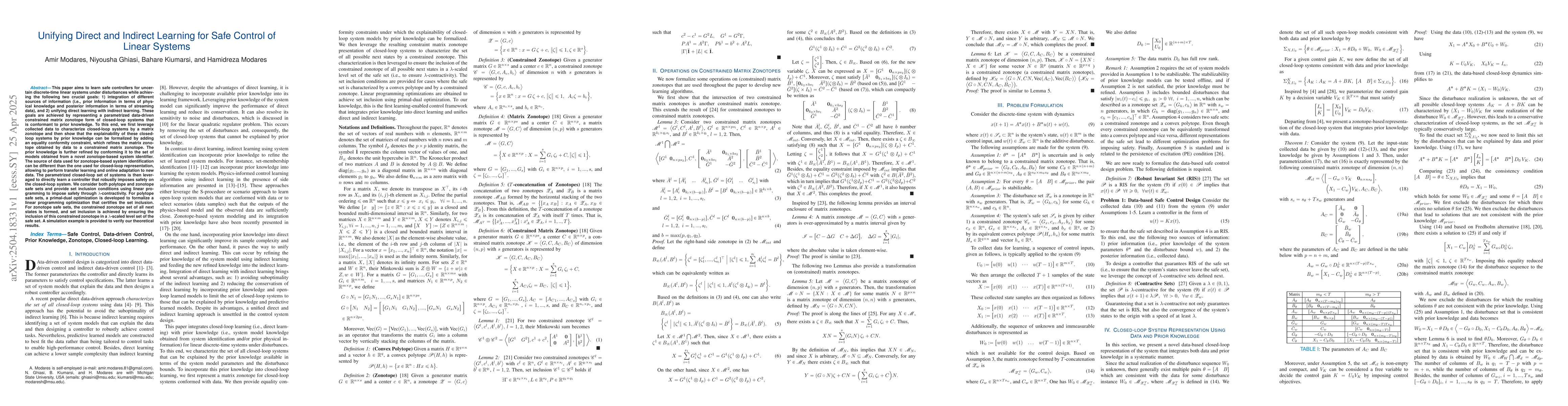 Thumbnail for Unifying Direct and Indirect Learning for Safe Control of Linear Systems
