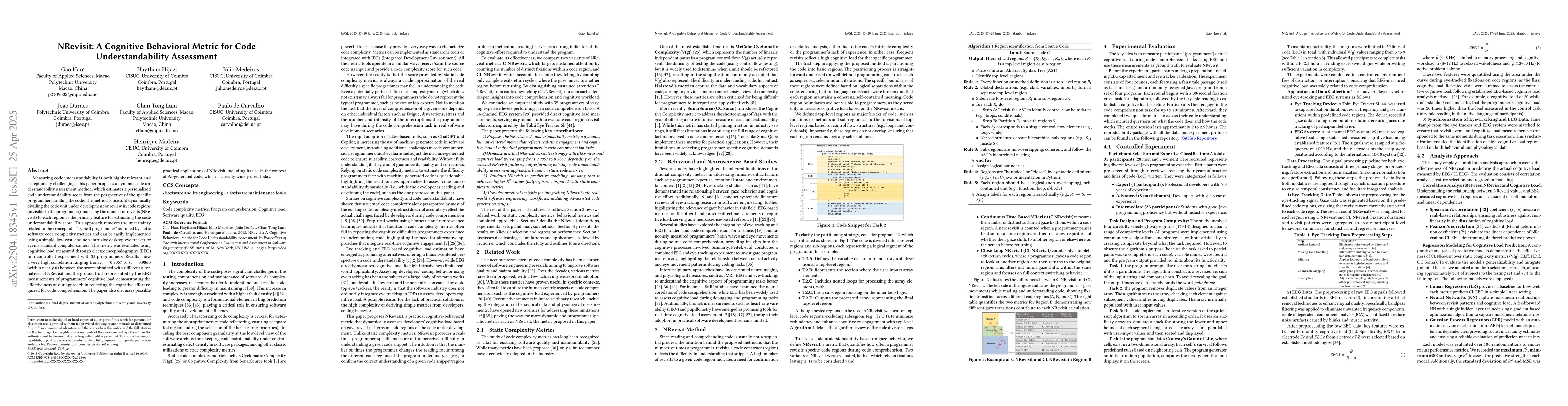 Thumbnail for NRevisit: A Cognitive Behavioral Metric for Code Understandability
  Assessment