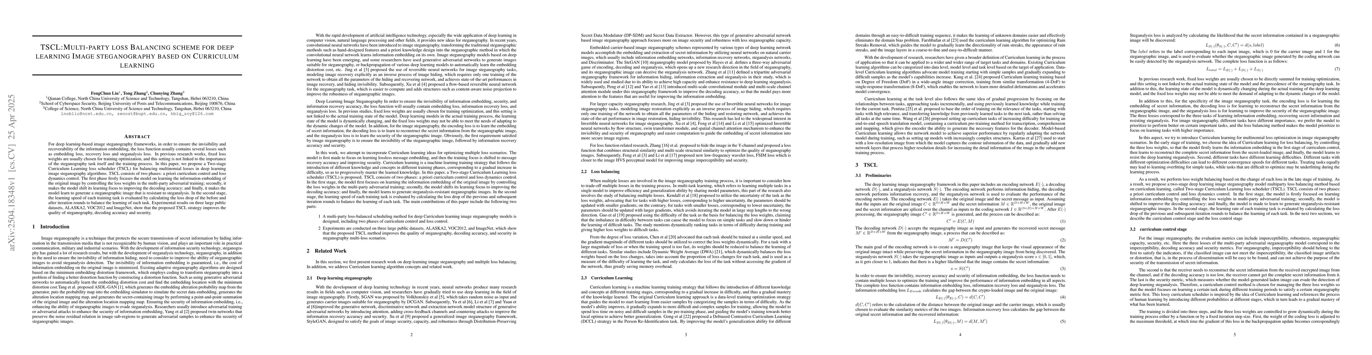 Thumbnail for TSCL:Multi-party loss Balancing scheme for deep learning Image
  steganography based on Curriculum learning