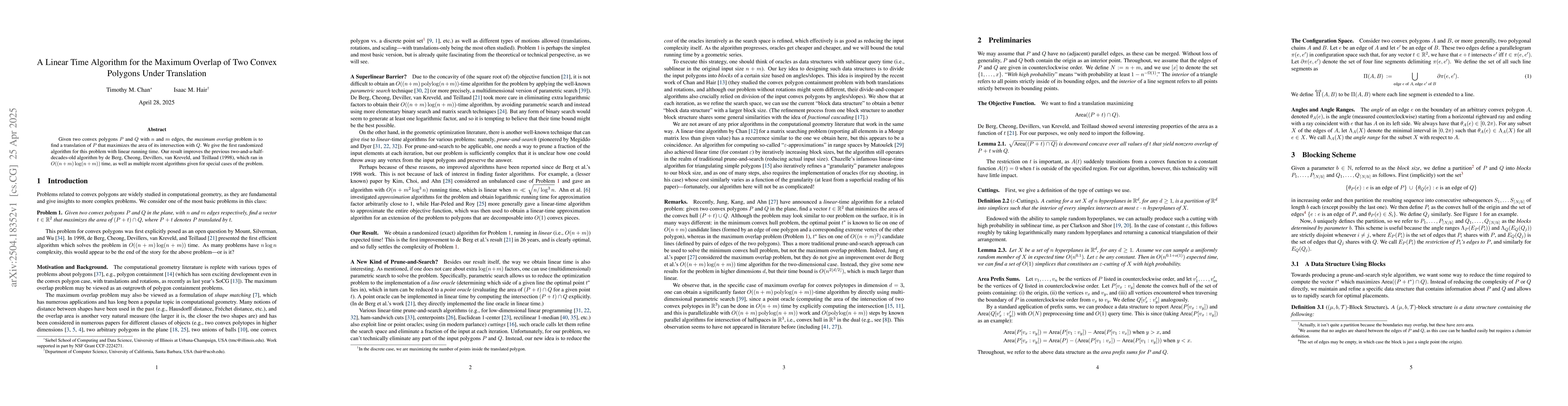 Thumbnail for A Linear Time Algorithm for the Maximum Overlap of Two Convex Polygons
  Under Translation