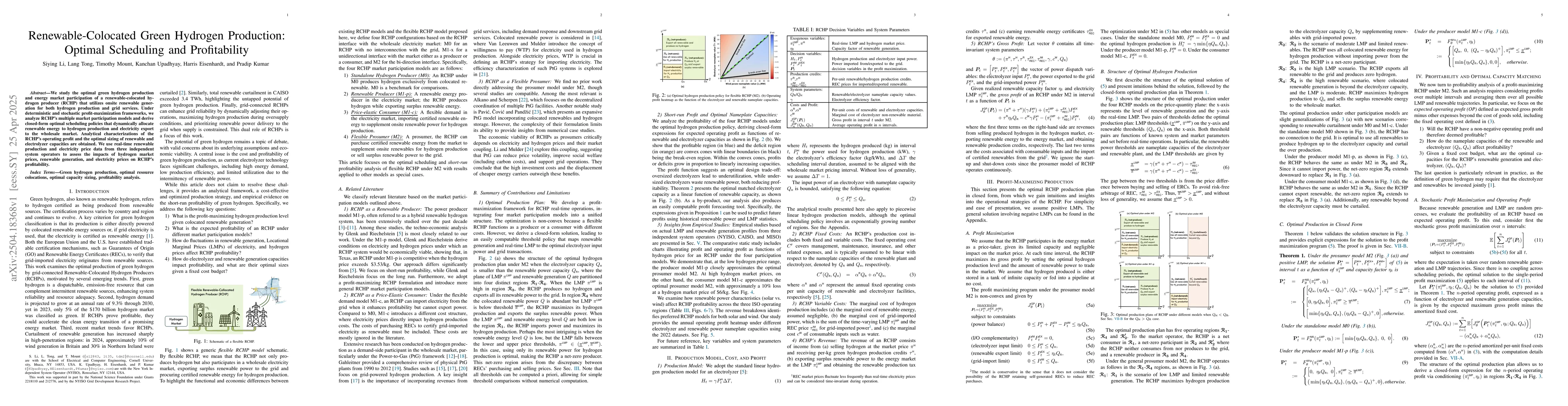 Thumbnail for Renewable-Colocated Green Hydrogen Production: Optimal Scheduling and
  Profitability