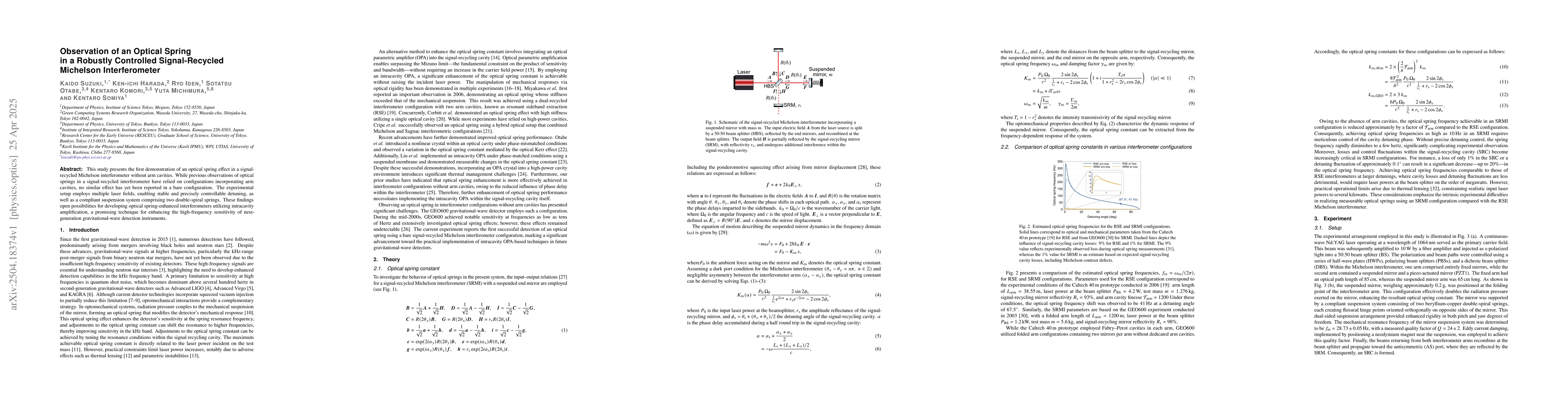 Thumbnail for Observation of an Optical Spring in a Robustly Controlled
  Signal-Recycled Michelson Interferometer