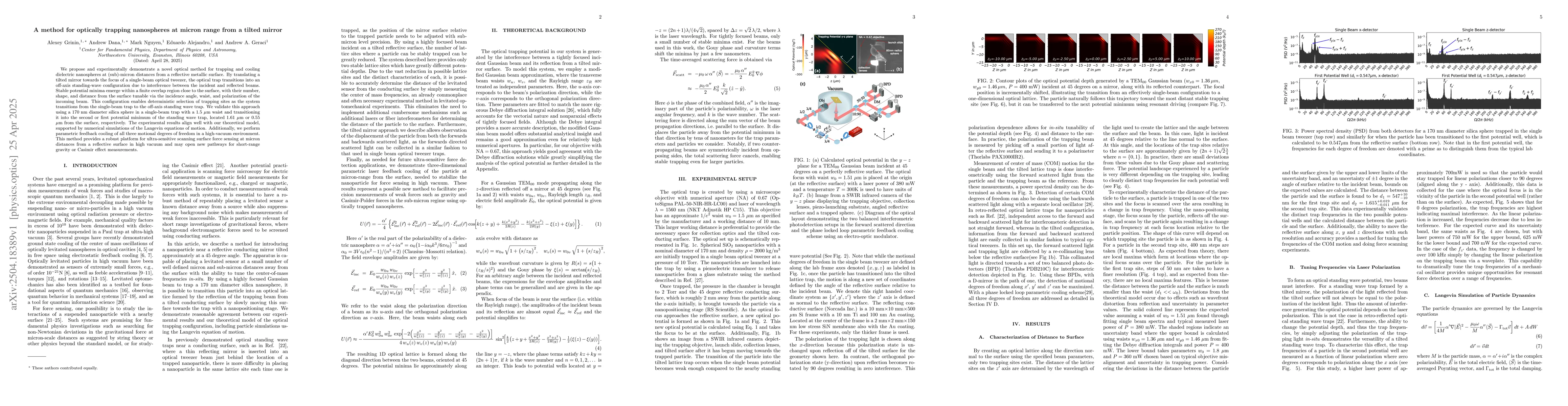 Thumbnail for A method for optically trapping nanospheres at micron range from a
  tilted mirror