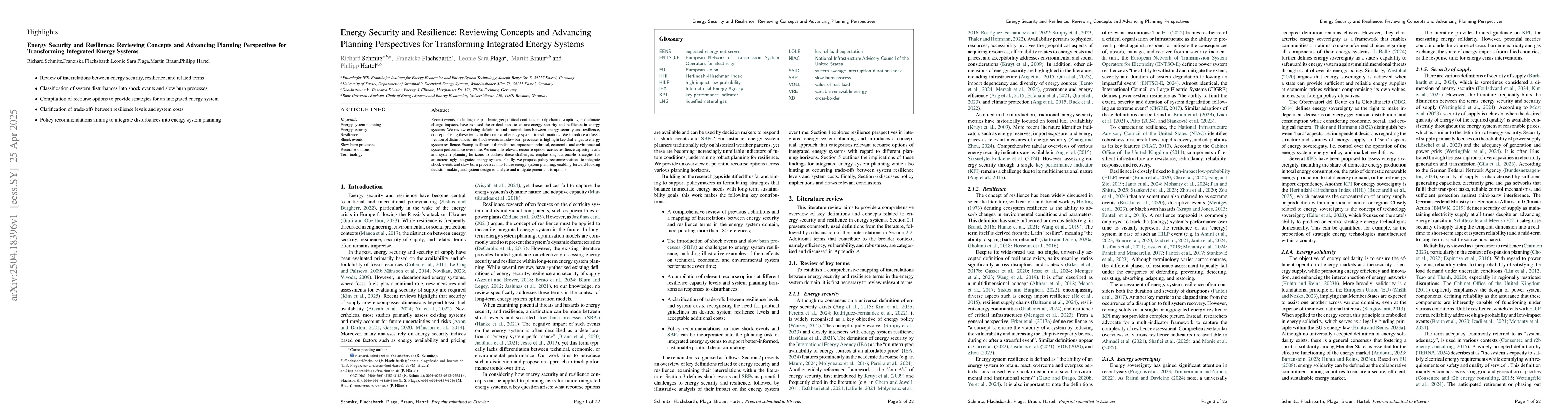 Thumbnail for Energy Security and Resilience: Reviewing Concepts and Advancing
  Planning Perspectives for Transforming Integrated Energy Systems