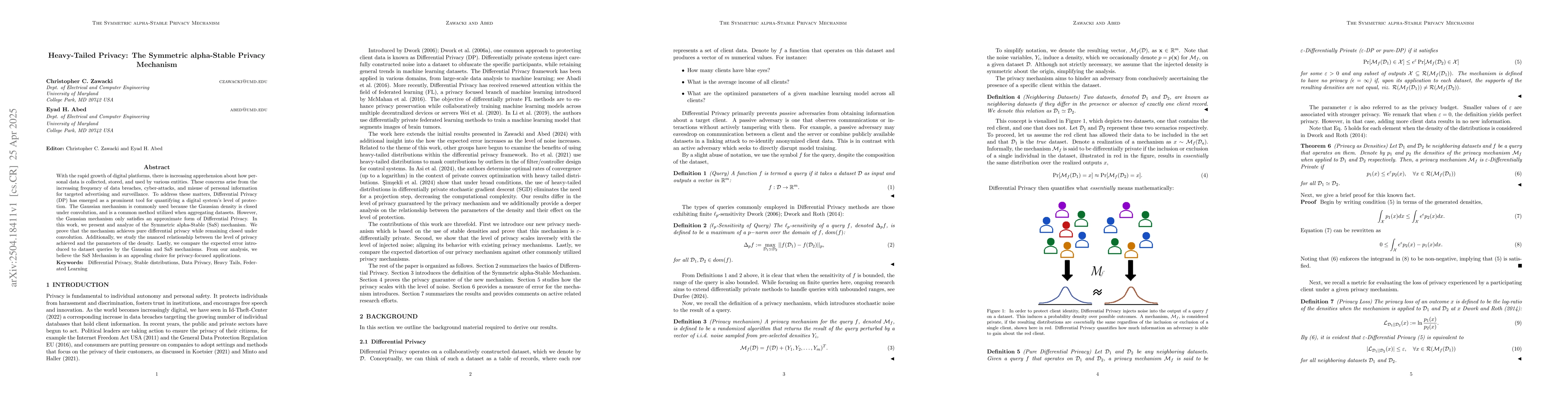 Thumbnail for Heavy-Tailed Privacy: The Symmetric alpha-Stable Privacy Mechanism