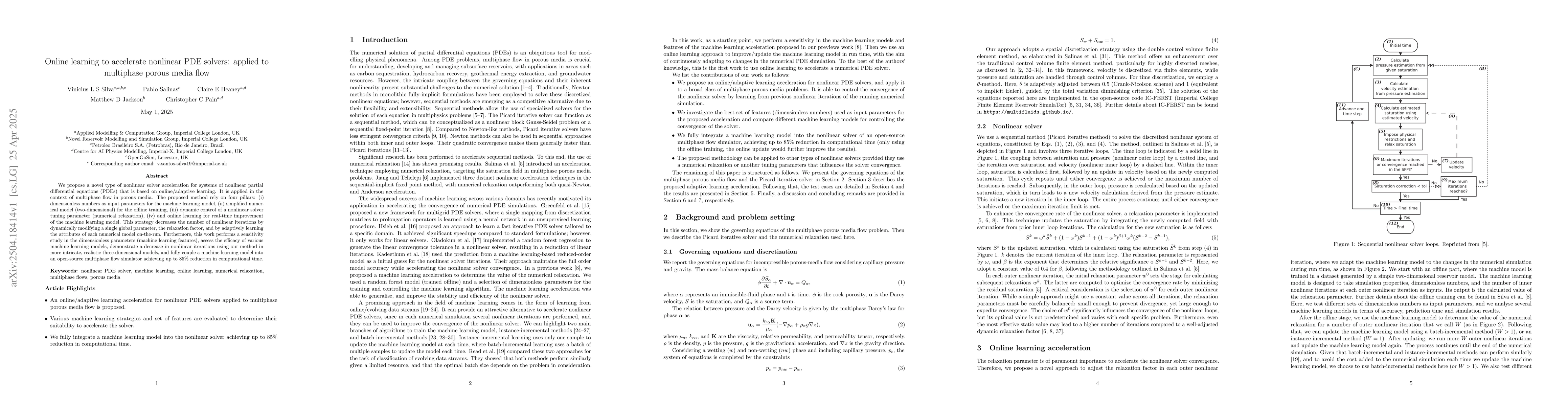 Thumbnail for Online learning to accelerate nonlinear PDE solvers: applied to
  multiphase porous media flow