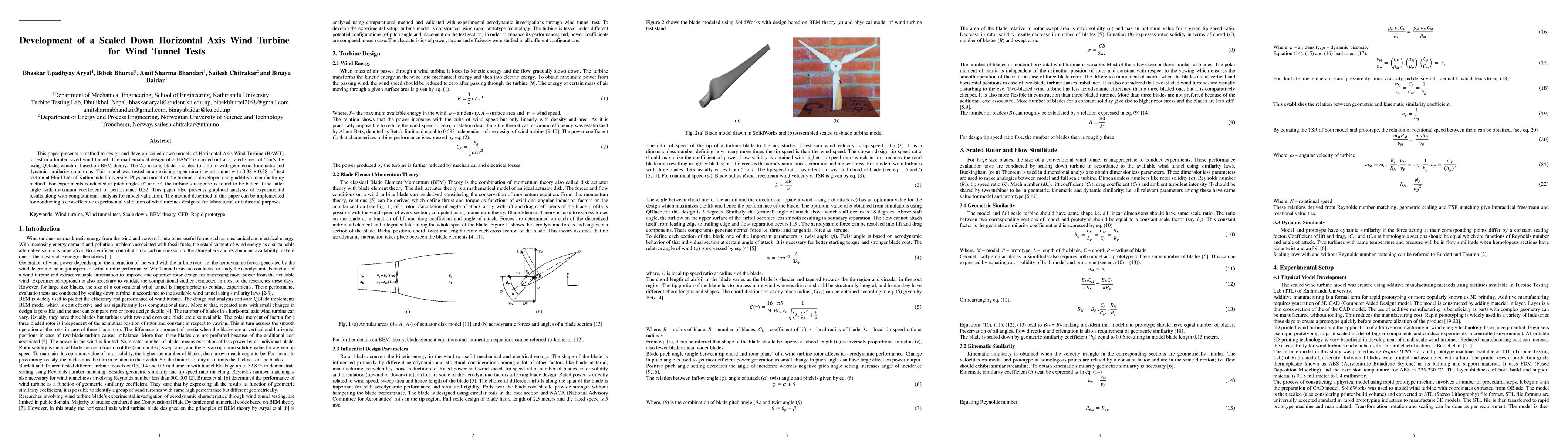 Thumbnail for Development of a Scaled Down Horizontal Axis Wind Turbine for Wind
  Tunnel Tests