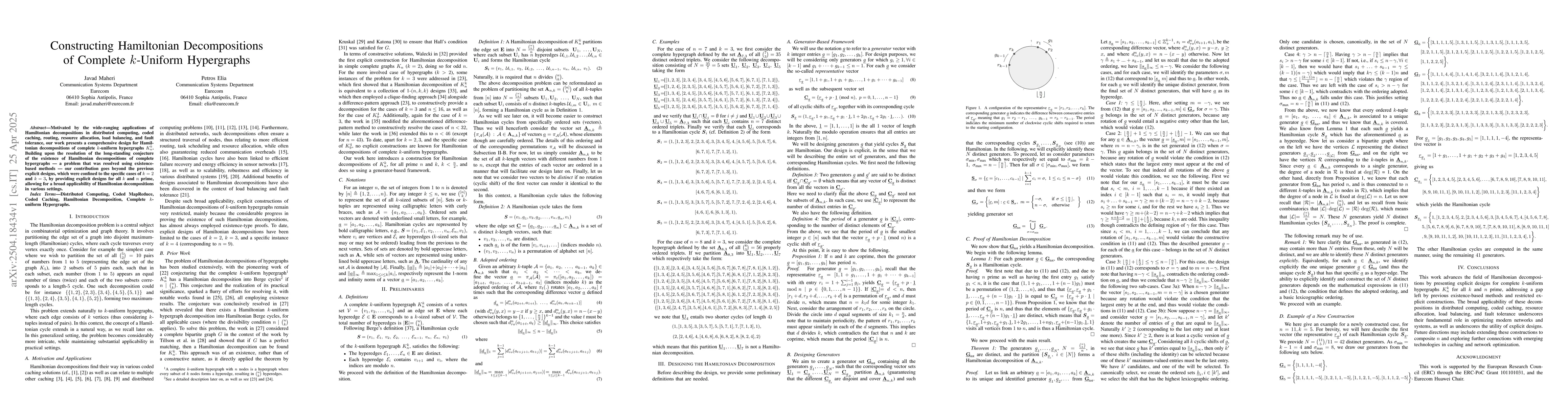 Thumbnail for Constructing Hamiltonian Decompositions of Complete $k$-Uniform
  Hypergraphs