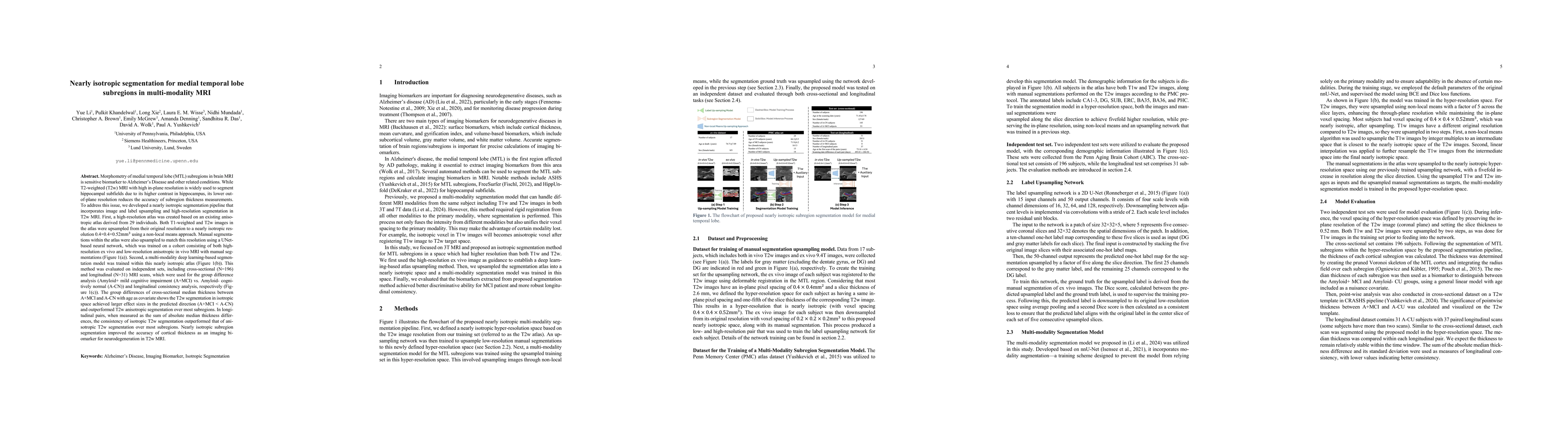 Thumbnail for Nearly isotropic segmentation for medial temporal lobe subregions in
  multi-modality MRI