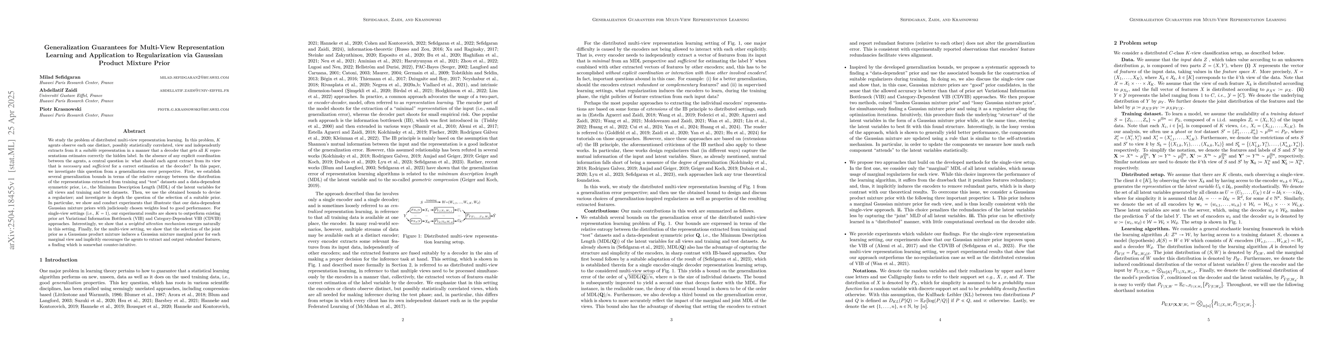 Thumbnail for Generalization Guarantees for Multi-View Representation Learning and
  Application to Regularization via Gaussian Product Mixture Prior