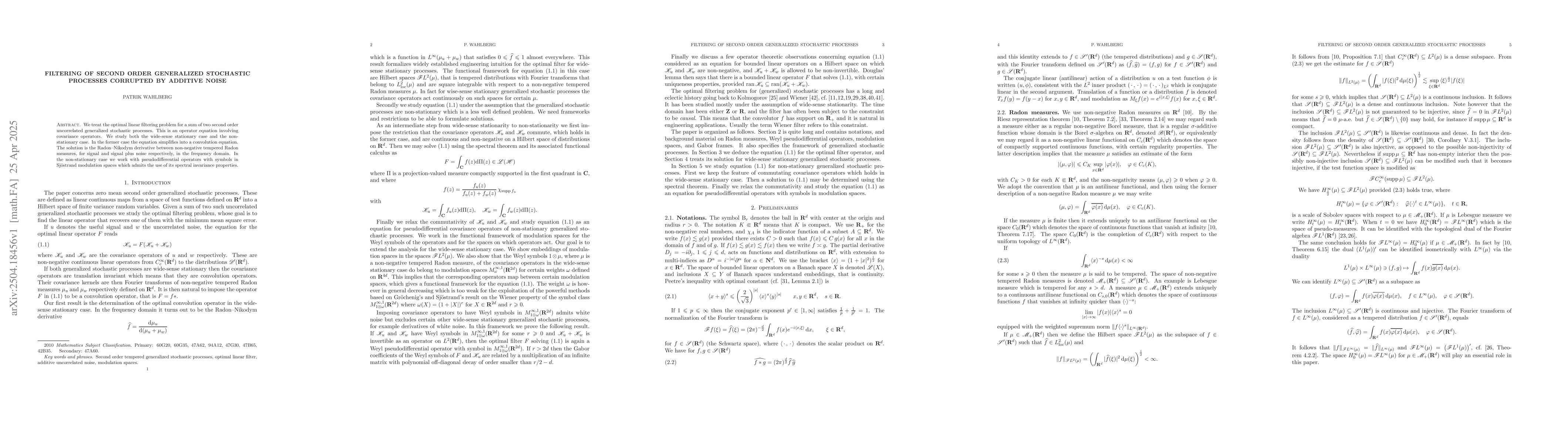 Thumbnail for Filtering of second order generalized stochastic processes corrupted by
  additive noise