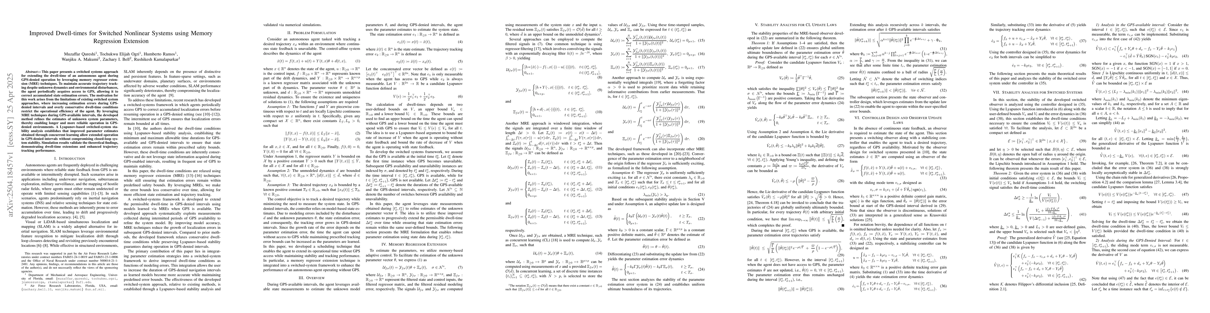 Thumbnail for Improved Dwell-times for Switched Nonlinear Systems using Memory
  Regression Extension