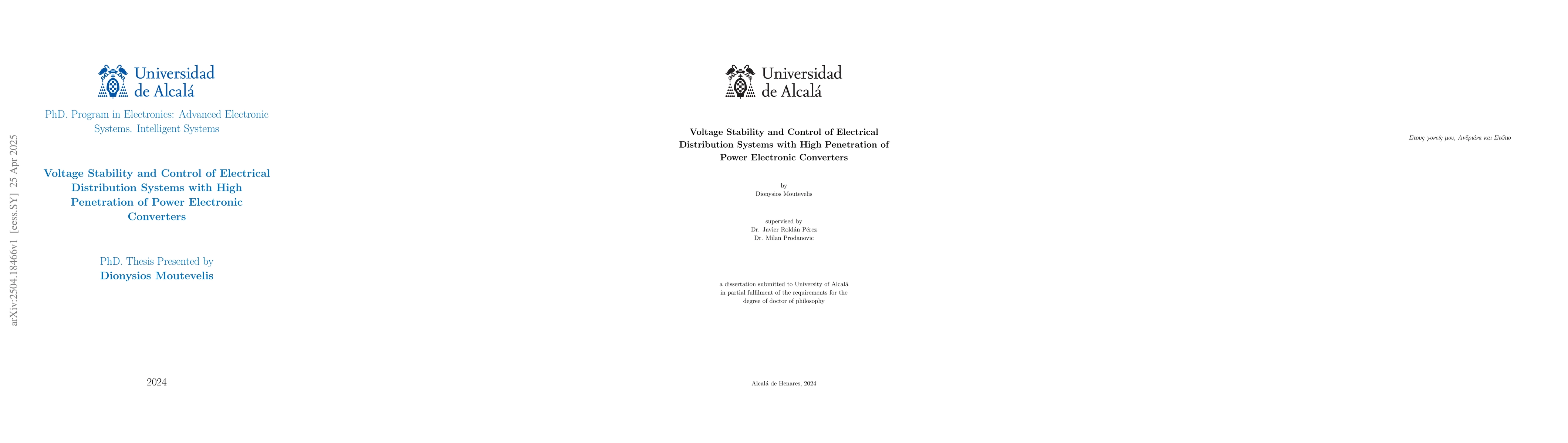 Thumbnail for Voltage Stability and Control of Electrical Distribution Systems with
  High Penetration of Power Electronic Converters