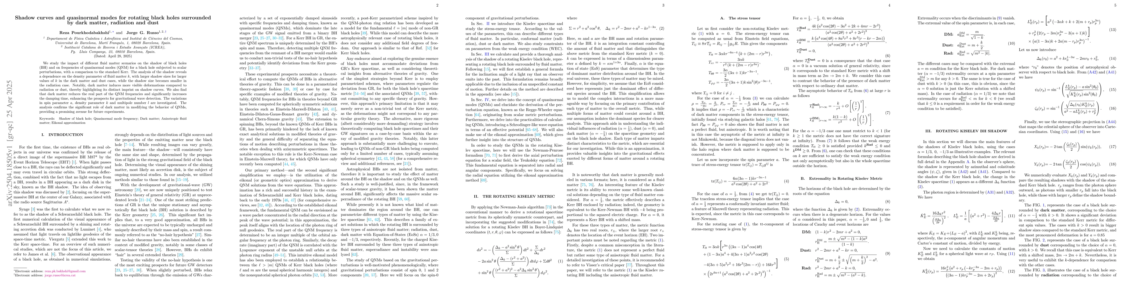 Thumbnail for Shadow curves and quasinormal modes for rotating black holes surrounded
  by dark matter, radiation and dust