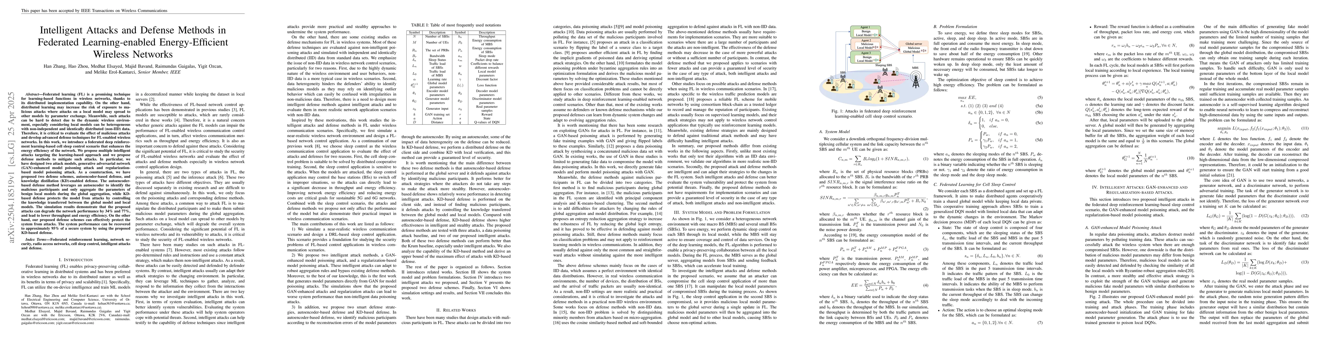 Thumbnail for Intelligent Attacks and Defense Methods in Federated Learning-enabled
  Energy-Efficient Wireless Networks