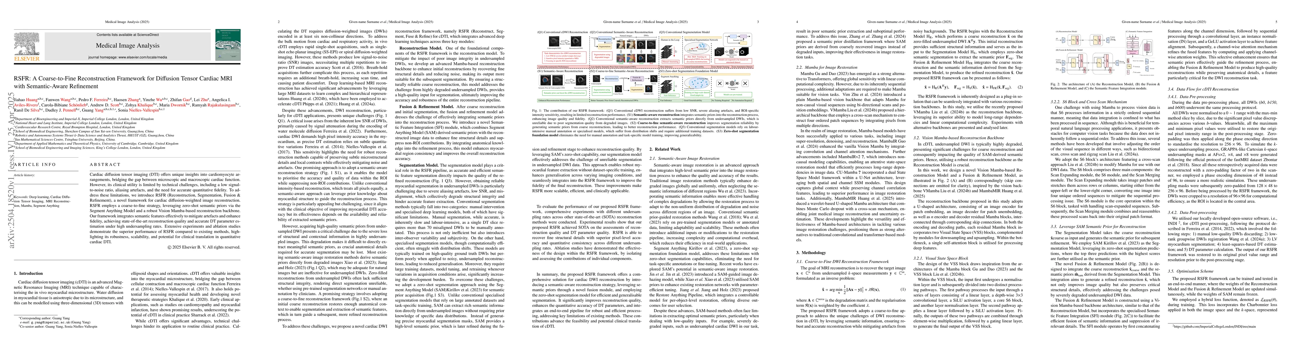 Thumbnail for RSFR: A Coarse-to-Fine Reconstruction Framework for Diffusion Tensor
  Cardiac MRI with Semantic-Aware Refinement