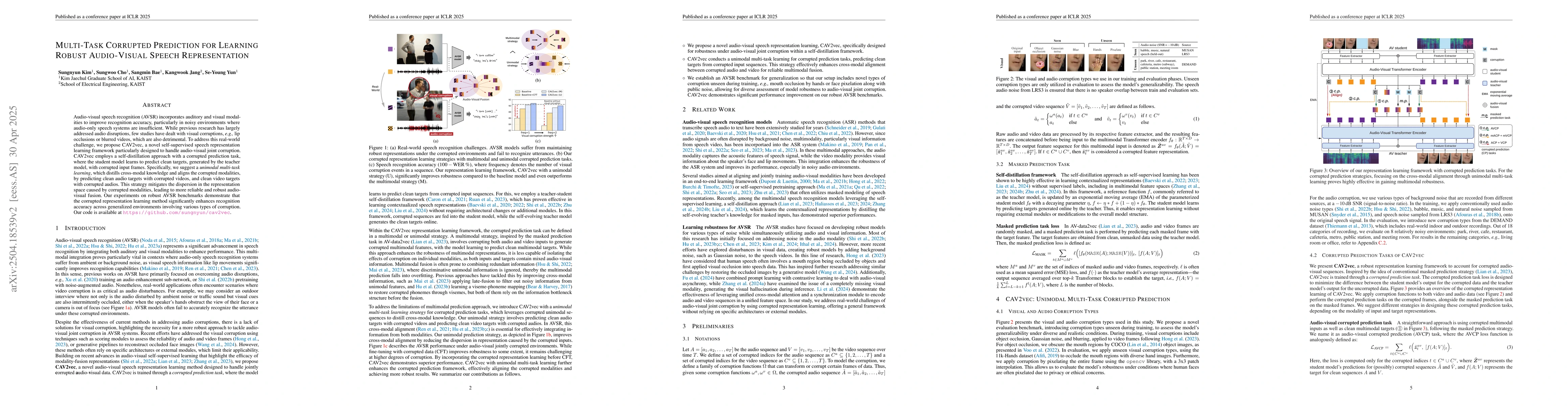 Thumbnail for Multi-Task Corrupted Prediction for Learning Robust Audio-Visual Speech
  Representation