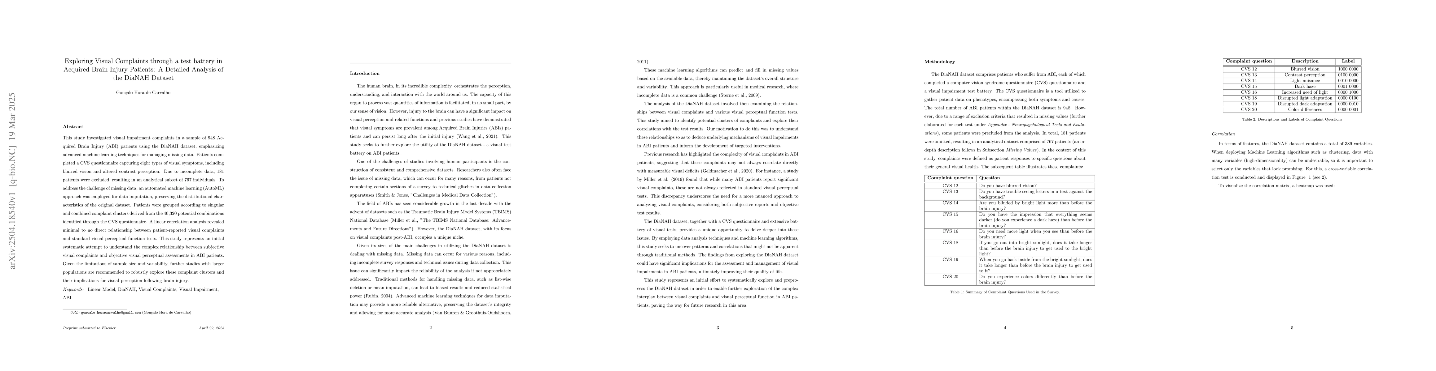 Thumbnail for Exploring Visual Complaints through a test battery in Acquired Brain
  Injury Patients: A Detailed Analysis of the DiaNAH Dataset