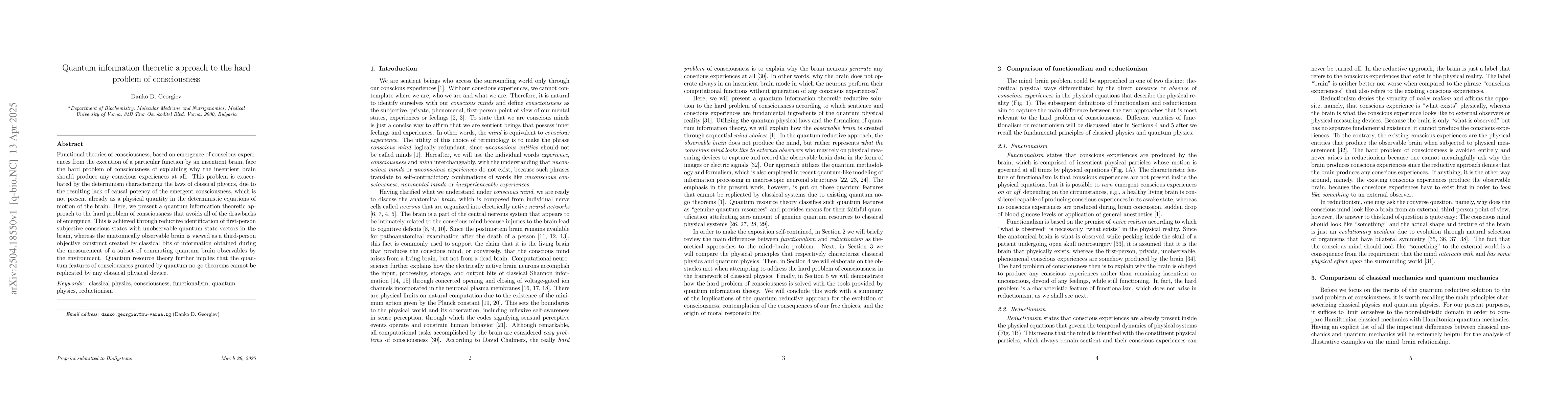 Thumbnail for Quantum information theoretic approach to the hard problem of
  consciousness