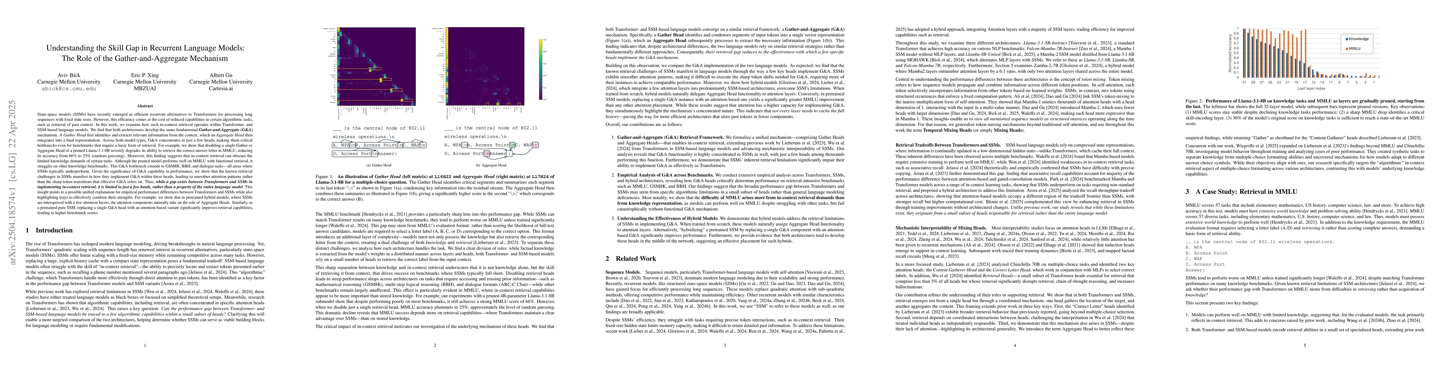 Thumbnail for Understanding the Skill Gap in Recurrent Language Models: The Role of
  the Gather-and-Aggregate Mechanism