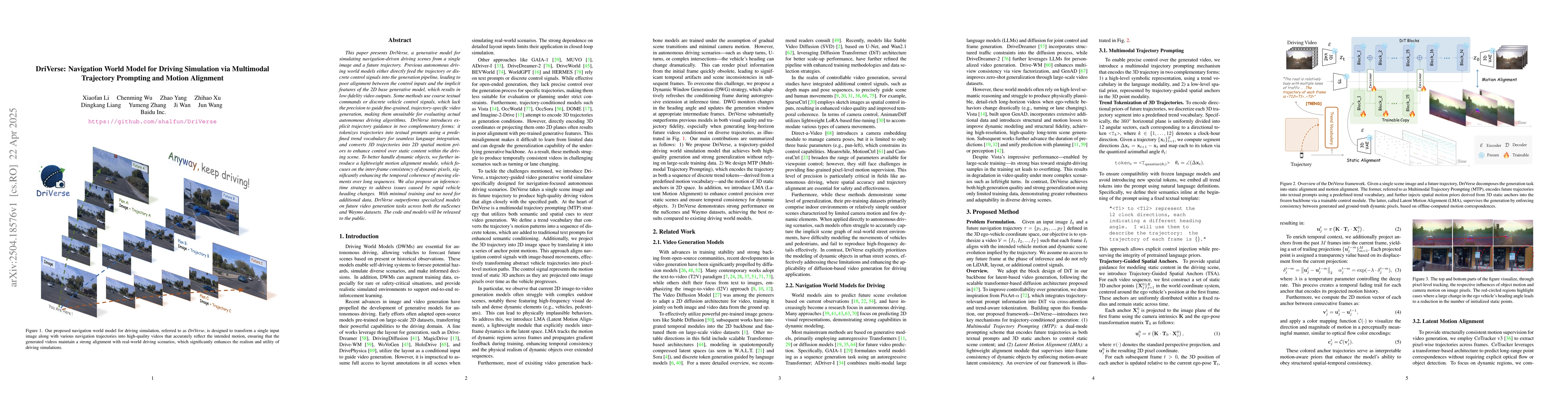 Thumbnail for DriVerse: Navigation World Model for Driving Simulation via Multimodal
  Trajectory Prompting and Motion Alignment