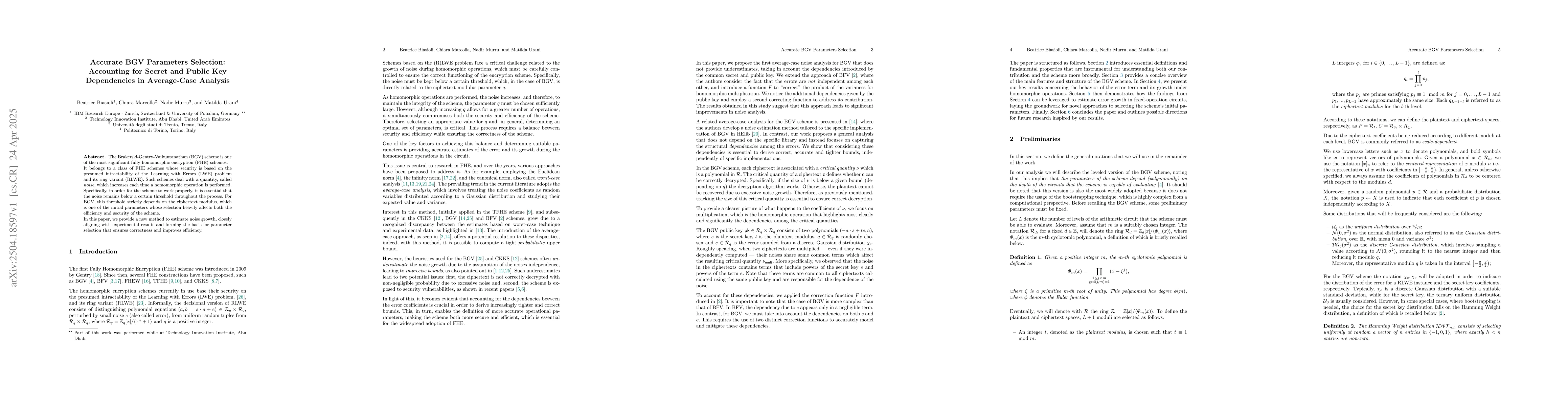 Thumbnail for Accurate BGV Parameters Selection: Accounting for Secret and Public Key
  Dependencies in Average-Case Analysis