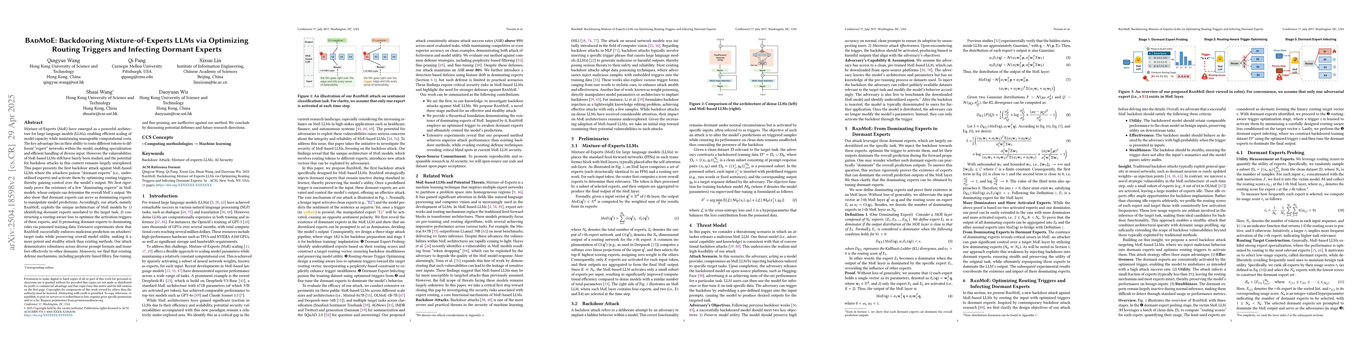 Thumbnail for BadMoE: Backdooring Mixture-of-Experts LLMs via Optimizing Routing
  Triggers and Infecting Dormant Experts