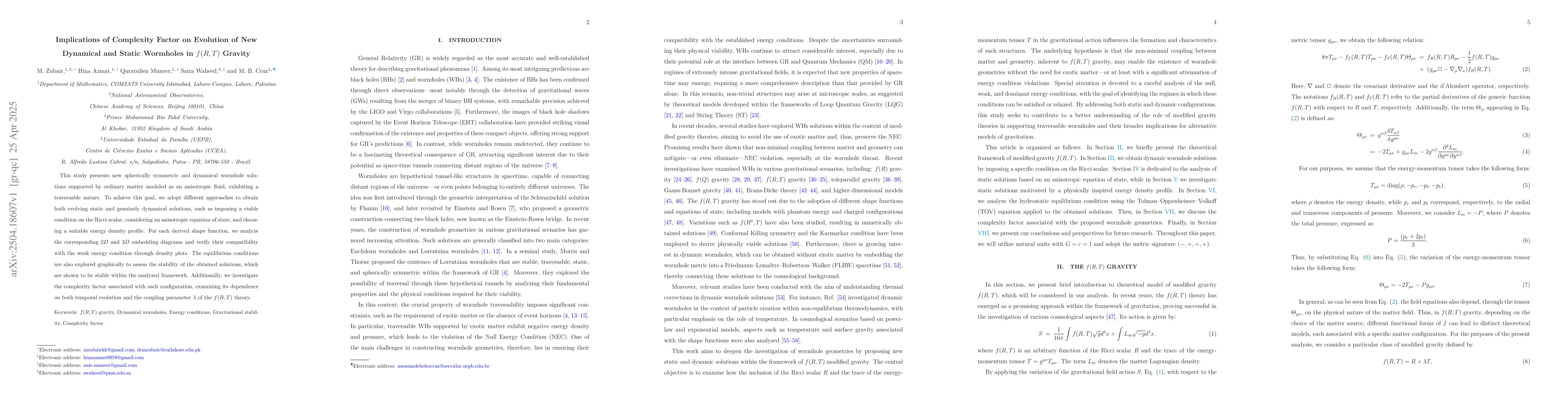 Thumbnail for Implications of Complexity Factor on Evolution of New Dynamical and
  Static Wormholes in $f(R, T)$ Gravity