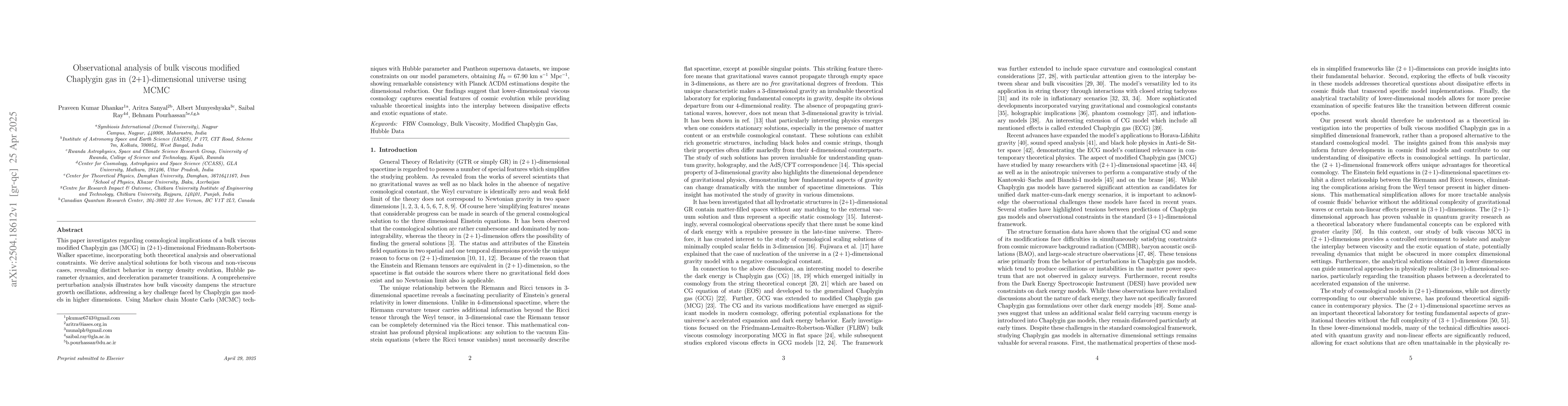 Thumbnail for Observational analysis of bulk viscous modified Chaplygin gas in
  (2+1)-dimensional universe using MCMC