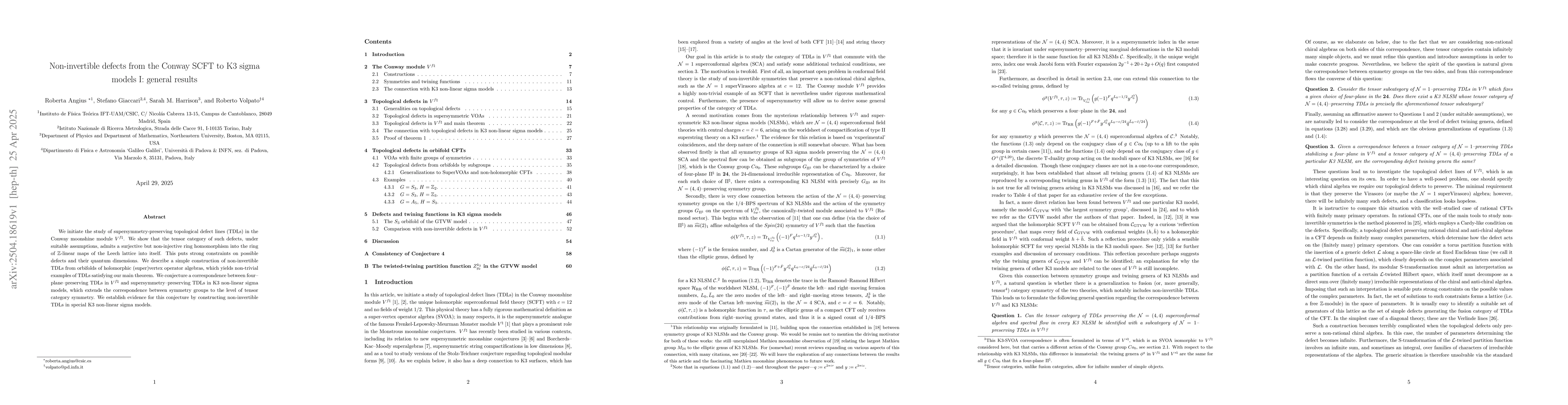 Thumbnail for Non-invertible defects from the Conway SCFT to K3 sigma models I:
  general results